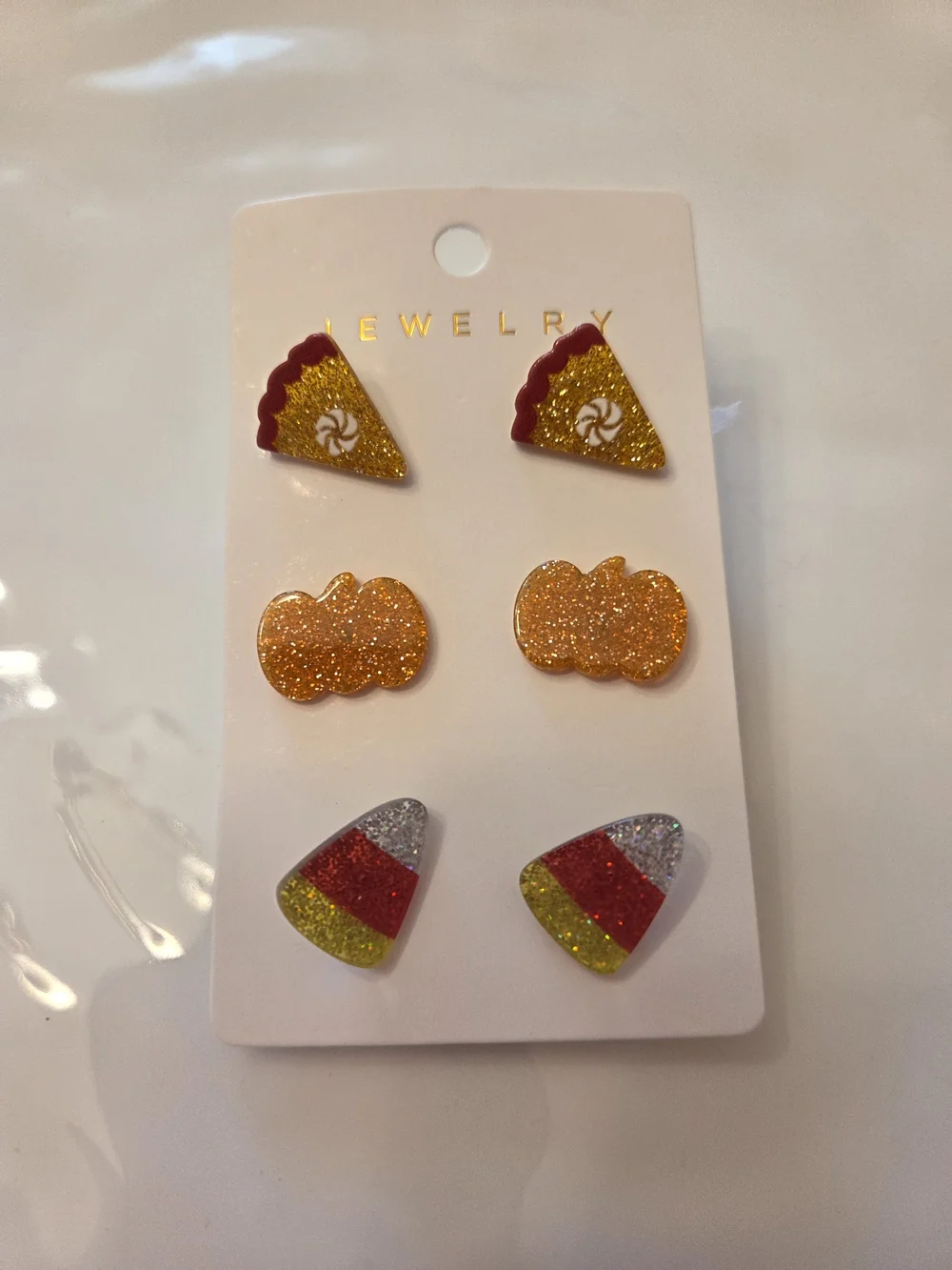 Set Of Sparkly Candy Corn, Pumpkin & Pie Earrings - Orange/Gold